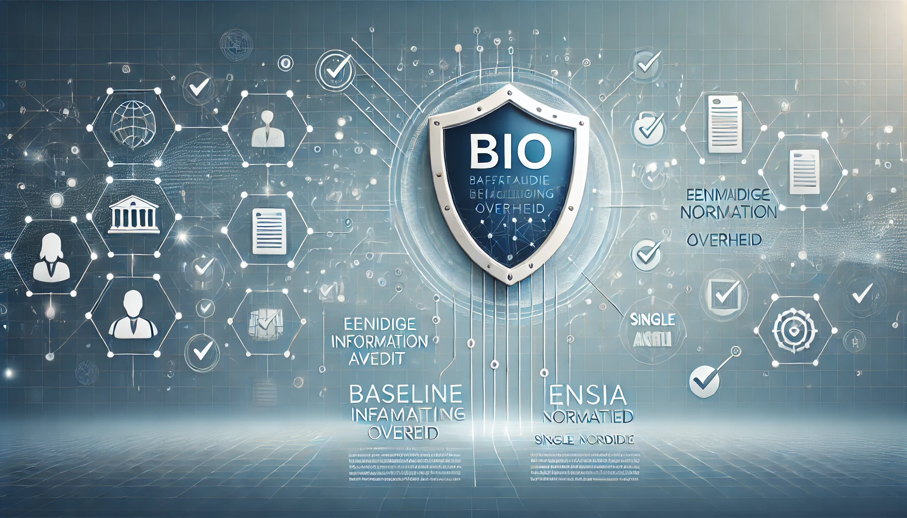 Een digitaal schild met verbonden knooppunten, symbool voor cybersecurity en compliance, tegen een blauwe en witte achtergrond. Subtiele iconen van documenten, checkmarks en netwerklijnen vertegenwoordigen governance, beveiliging en rapportage, specifiek gericht op overheidsinstellingen.