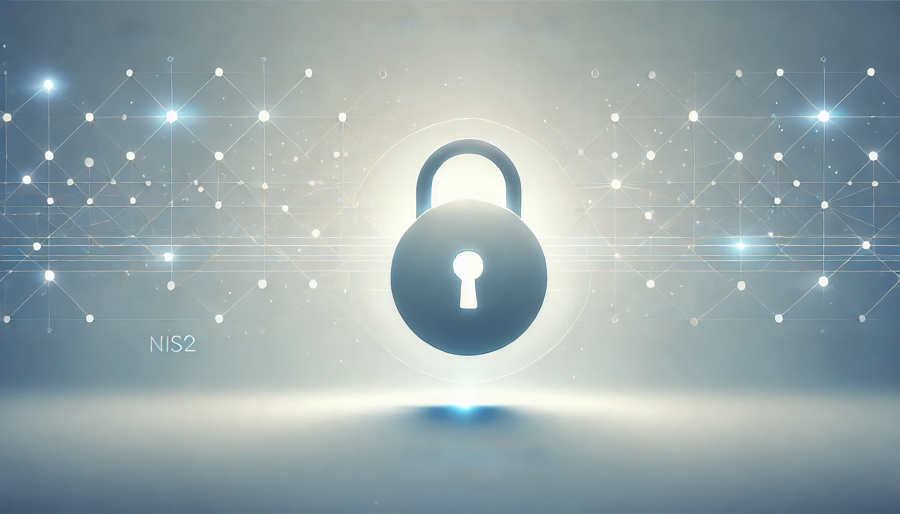 Minimalistische afbeelding met een vergrendeld slot dat cybersecurity symboliseert, tegen een zachte blauw-witte gradient achtergrond. Subtiele netwerklijnen benadrukken connectiviteit en digitale infrastructuur, passend bij NIS2-compliance.